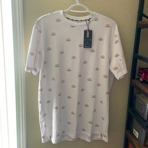 Free Planet white/ rainbows short sleeve shirt size Large NWT